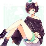  abstract_background animal_humanoid black_hair cat_humanoid clothed clothing crown feline female fully_clothed green_eyes hair happy humanoid inner_ear_fluff kamochiruu looking_at_viewer mammal portrait short_hair shorts sitting smile sneakers solo sweater 