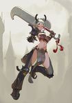  :o absurdres armor bangs bikini_armor boots breasts commentary gauntlets grey_background grey_legwear highres holding holding_sword holding_weapon horns large_breasts left-handed looking_at_viewer navel original over_shoulder pauldrons pelvic_curtain ponytail red_eyes short_hair silver_hair solo sword thigh_boots thighhighs tim_loechner weapon weapon_over_shoulder work_in_progress 