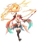  aqua_hair arm_up armlet black_legwear boots charme_(sennen_sensou_aigis) detached_collar dragon_girl dragon_horns dragon_tail fire full_body gradient_hair holding holding_sword holding_weapon horns long_hair multicolored_hair nanahara_fuyuki navel official_art open_mouth pointy_ears sennen_sensou_aigis simple_background solo sword tail thigh_boots thighhighs twintails weapon white_background 