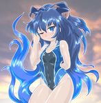  alternate_costume arm_behind_back bare_arms blue_bow blue_eyes blue_hair blue_swimsuit bow breasts commentary_request competition_swimsuit cowboy_shot debt hair_bow hand_up highleg highleg_swimsuit long_hair looking_at_viewer one-piece_swimsuit one_eye_closed small_breasts solo swimsuit touhou very_long_hair wavy_hair winn yorigami_shion 