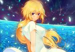  arms_behind_back bangs blonde_hair blush breasts closed_mouth commentary copyright_name dress fate/apocrypha fate_(series) field from_behind hair_between_eyes jeanne_d'arc_(fate) jeanne_d'arc_(fate)_(all) large_breasts long_hair looking_at_viewer looking_back night petals poligon_(046) ponytail purple_eyes purple_sky shooting_star short_sleeves sky smile solo star_(sky) starry_sky very_long_hair white_dress 