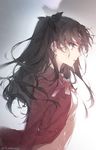  black_hair blue_eyes coat commentary_request fate/stay_night fate_(series) h_sueun hair_ribbon highres long_hair looking_to_the_side ribbon signature snow solo toosaka_rin twitter_username two_side_up zelovel 