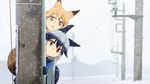  :&lt; animal_ears bangs black_gloves blonde_hair blue_hair blue_jacket blurry blurry_background brown_eyes brown_hair chestnut_mouth closed_mouth commentary day depth_of_field eyebrows_visible_through_hair ezo_red_fox_(kemono_friends) fox_ears fox_tail gloves gradient_hair head_tilt highres jacket kemono_friends leaning_to_the_side long_hair looking_at_viewer multicolored_hair multiple_girls outdoors parted_lips peeking_out silver_fox_(kemono_friends) silver_hair snow snowing tail telephone_pole tomato_(lsj44867) 