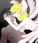  2boys angel_wings asuka_ryou black_hair blonde_hair blood blue_eyes brown_eyes devilman devilman_crybaby duo eyebrows feathered_wings feathers fudou_akira head_wings long_hair multiple_boys navel satan_(devilman) shirtless short_hair simple_background tears wings 