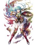  armor bangs blue_eyes blue_hair book boots bracelet breastplate broken_armor cape detached_sleeves earrings eirika fire_emblem fire_emblem:_seima_no_kouseki fire_emblem_heroes full_body highres holding jewelry long_hair long_sleeves looking_at_viewer mayachise official_art open_mouth pleated_skirt red_footwear shoulder_armor shoulder_pads sidelocks skirt solo thigh_boots thighhighs thighs torn_clothes transparent_background white_skirt zettai_ryouiki 