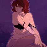  bare_arms bare_shoulders black_bra bra breasts brown_hair closed_mouth clothes_down collarbone devilman devilman_crybaby eatslugs green_eyes half-closed_eyes highres knee_up lips looking_away makimura_miki outline purple_background shirt_pull short_hair simple_background sitting small_breasts solo strap_slip underwear 