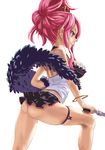  ass black_skirt bracelet breasts commentary_request crown disgaea feather_boa from_side jewelry lips makai_senki_disgaea_5 medium_breasts mini_crown miniskirt pink_hair pointy_ears purple_eyes seraphina_(disgaea) skirt smile solo tied_hair tomiokasena weapon 