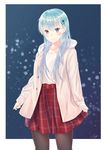  alternate_costume aqua_eyes aqua_hair black_legwear blush commentary_request hair_between_eyes highres kantai_collection long_hair long_sleeves pantyhose plaid plaid_skirt pleated_skirt red_skirt signature skirt smile solo suzuya_(kantai_collection) yukai_nao 