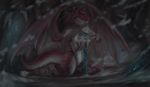  anthro areola breasts detailed_background digital_media_(artwork) dragon female holding_object holding_weapon kneeling melee_weapon membranous_wings nipples nude outside raventenebris solo sword weapon wings 