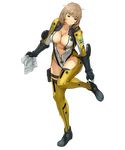  adjusting_footwear bodysuit breasts brown_hair center_opening gloves holding holster katrina_company large_breasts leg_up legs_up messy_hair official_art short_hair solo super_robot_wars super_robot_wars_x-omega thigh_holster watanabe_wataru 