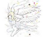  1boy androgynous angel_wings asuka_ryou blonde_hair blue_eyes breasts devilman devilman_crybaby eyebrows feathered_wings feathers head_wings hermaphrodite large_wings long_hair nude penis satan_(devilman) simple_background smile solo wings 