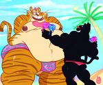  2018 anthro anthro_on_anthro back_muscles beach belly biceps big_belly biped black_panther black_tail body_hair brown_fur brown_nipples brown_nose brown_stripes brown_tail bulge butt cheek_squish cheek_tuft chest_hair clothed clothing cloud countershade_arms countershade_face countershade_tail countershade_torso countershading deep_navel dessert digital_drawing_(artwork) digital_media_(artwork) duo feline food front_view fur green_eyes hair half-closed_eyes happy happy_trail holding_face holding_food holding_object humanoid_hands ice_cream long_tail male male/male mammal melting moobs multicolored_fur multicolored_tail muscular muscular_male muscular_thighs navel nipples obese offering_food offering_to_another orange_fur orange_tail outside overweight overweight_male palm_tree panther pink_eyes pink_hair pink_nose rear_view ryarik seaside short_hair size_difference sky smile speedo standing striped_fur striped_tail stripes sun surprise swimsuit tan_countershading tan_fur tan_tail th_tarzan thick_bottom_lip thick_thighs tiger topless tree tuft watermark whiskers 