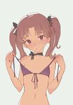  bangs bikini bikini_pull black_choker blush brown_hair choker commentary eyebrows_visible_through_hair flat_chest grey_background hands_up head_tilt highres looking_at_viewer navel pulled_by_self purple_bikini purple_eyes shirai_kuroko simple_background solo swimsuit tim_loechner to_aru_kagaku_no_railgun to_aru_majutsu_no_index twintails undressing upper_body 