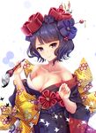  bare_shoulders bird black_hair black_kimono blue_eyes breasts closed_mouth fate/grand_order fate_(series) flower hair_flower hair_ornament hairpin highres infinote ink japanese_clothes katsushika_hokusai_(fate/grand_order) kimono looking_at_viewer medium_breasts paintbrush short_hair smile solo 