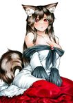  :&lt; akuroporisu animal_ears bare_shoulders between_legs breasts brooch brown_hair cleavage closed_mouth collarbone commentary_request hand_between_legs imaizumi_kagerou jewelry large_breasts long_hair looking_at_viewer marker_(medium) nib_pen_(medium) off-shoulder_shirt off_shoulder red_eyes red_skirt shirt simple_background skirt solo tail touhou traditional_media v_arms white_background wolf_ears wolf_tail 