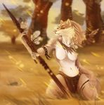  anthro breasts brown_hair canine detailed_background digital_media_(artwork) featureless_breasts female fur hair holding_object holding_weapon mammal melee_weapon navel polearm raventenebris spear weapon white_fur 