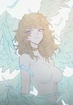  1boy angel_wings asuka_ryou blonde_hair blue_eyes breasts devilman devilman_crybaby eyebrows feathered_wings feathers head_wings large_wings long_hair nude satan_(devilman) simple_background solo white_background wings 