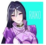  asakawa_(outeq) bangs bodysuit breasts commentary_request fate/grand_order fate_(series) hair_between_eyes huge_breasts long_hair looking_at_viewer minamoto_no_raikou_(fate/grand_order) parted_bangs purple_bodysuit purple_eyes purple_hair simple_background smile solo upper_body 