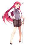  1girl ahoge blush braid full_body hataraku_maou-sama! highres holding holding_sword holding_weapon long_hair long_sleeves looking_at_viewer official_art pencil_skirt plaid plaid_skirt red_hair skirt smile solo standing sword transparent_background weapon yellow_eyes yusa_emi 