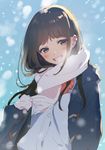  :d bangs blue_coat blush brown_eyes brown_hair coat commentary_request dress_shirt duffel_coat enpera eyebrows_visible_through_hair grin head_tilt long_hair looking_at_viewer morikura_en open_clothes open_coat open_mouth original scarf shirt sketch smile snowflakes snowing solo white_scarf white_shirt 