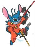  2015 4_arms 4_fingers alien antennae black_eyes blue_claws blue_fur blue_nose canister_(object) claws clothed clothing dipstick_antennae disney dual_wielding experiment_(species) fur head_tuft hi_res holding_object holding_weapon lilo_and_stitch marker_(artwork) multi_arm multi_limb notched_ear open_mouth open_smile paintball_gun ranged_weapon signature simple_background smile solo spacesuit stazik stitch toe_claws traditional_media_(artwork) tuft weapon white_background 