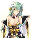  aqua_hair bikini blush breasts cleavage closed_mouth fate/grand_order fate_(series) gold_trim highres jacob_dream_world japanese_clothes kimono kiyohime_(fate/grand_order) kiyohime_(swimsuit_lancer)_(fate) light_smile long_hair looking_at_viewer medium_breasts smile solo swimsuit yellow_bikini 