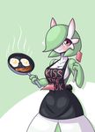  &lt;3 anthro apron bacon blush breasts clothed clothing female food gardevoir hair hair_over_eye limebreaker looking_at_viewer nintendo pok&eacute;mon pok&eacute;mon_(species) smile solo spatula standing video_games wide_hips 