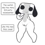  2017 animate_inanimate anthro canine digital_media_(artwork) dog female hi_res itsunknownanon looking_at_viewer mammal monochrome nintendo nintendo_switch nude pussy short_stack simple_background slightly_chubby smile solo spread_legs spreading standing switch_dog video_games 