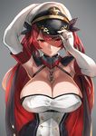  absurdres armpits azur_lane black_background breasts cape chain cleavage closed_mouth collarbone elbow_gloves eyebrows_visible_through_hair frown fujitsubo_(hujitubo0731) gloves hand_on_headwear hat highres honolulu_(azur_lane) large_breasts long_hair looking_at_viewer peaked_cap red_eyes red_hair solo twintails very_long_hair white_gloves 