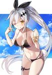  ;q absurdres bangs bikini black_bikini breasts brown_eyes bunny_tail cleavage collarbone cowboy_shot eyebrows_visible_through_hair eyes_visible_through_hair five-seven_(girls_frontline) food girls_frontline hair_between_eyes hair_ornament highleg highleg_bikini highres holding ice_cream ice_cream_cone large_breasts leaning_forward light_particles long_hair looking_at_viewer one_eye_closed ponytail sabet_(young_ouo) silver_hair smile solo swimsuit tail thigh_strap tongue tongue_out v very_long_hair 
