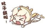  &gt;_&lt; &gt;o&lt; blush_stickers chibi chinese closed_eyes dress elbow_gloves elementalist_lux fallen_down full_body gem gloves hairband headpiece high_heels league_of_legends light_elementalist_lux luxanna_crownguard lying motion_lines on_stomach open_mouth platinum_blonde_hair q483 short_hair simple_background tiara translated white_background white_dress white_gloves white_hair white_legwear yellow_footwear 