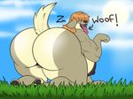  2018 all_fours anthro areola barefoot big_breasts big_butt breasts brown_fur brown_hair butt canine cloud deborah_(vdisco) digital_media_(artwork) dog english_text fangs female fur grass hair hair_over_eye huge_breasts huge_butt mammal muscular_arms nipples nude outside presenting raised_tail sky solo text thick_thighs tongue tongue_out voluptuous wide_hips zeromccall 