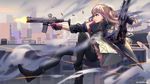  absurdres action ar-15 armor asymmetrical_legwear bangs battle black_footwear black_gloves black_legwear blurry bullet bullet_trail casing_ejection cityscape commentary_request depth_of_field dual_wielding eyebrows_visible_through_hair firing floating_hair from_side girls_frontline gloves gun hair_between_eyes hair_ornament half_gloves handgun highres holding holding_gun holding_weapon holster jacket jumping long_hair magazine_(weapon) mod3_(girls_frontline) multicolored_hair muzzle_flash one_side_up parted_lips pink_gloves pink_hair red_eyes rifle scarf scope shaded_face shell_casing skirt smoke solo splashing st_ar-15_(girls_frontline) streaked_hair thigh_holster thigh_strap thighhighs thighs torn_jacket trigger_discipline weapon wind wind_lift wu_lun_wujin 