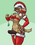  anthro armwear balls blue_eyes bottomless breasts christmas cleavage clothed clothing dickgirl erection evening_gloves fangs green_background hat hi_res holidays humanoid_penis hyena intersex legwear limebreaker looking_at_viewer mammal mistletoe mostly_nude penis plant precum ribbons santa_hat simple_background smile solo stockings teeth under_boob 