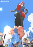  android_21 barefoot black_legwear blue_eyes blue_sky breasts brown_hair building city cloud day dragon_ball dragon_ball_fighterz dress feet fleeing from_below giantess highres large_breasts looking_at_viewer outdoors pantyhose scared sky smile soles sun toes 