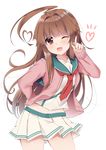  :d ahoge bangs blush brown_eyes brown_hair cardigan commentary_request cowboy_shot eyebrows_visible_through_hair fang fingernails hand_up head_tilt heart heart_ahoge highres huge_ahoge index_finger_raised kantai_collection ko_yu kuma_(kantai_collection) long_hair long_sleeves looking_at_viewer midriff navel necktie open_cardigan open_clothes open_mouth pink_cardigan pleated_skirt red_neckwear school_uniform serafuku shirt simple_background skirt sleeves_past_wrists smile solo very_long_hair white_background white_shirt white_skirt 