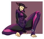  1girl artist_name bodysuit breasts casroder feet female full_body hair_ornament han_juri highres large_breasts looking_down open_mouth purple_eyes purple_hair signature simple_background smile solo squatting street_fighter teeth text toes tongue two-tone_background zipper zipper_pull_tab 