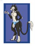  2018 4_fingers 4_toes anthro beverage black_hair blue_background blue_eyes bulge cinta clothed clothing coffee cup digitigrade fluffy fur girly gloves_(marking) hair hand_behind_back looking_at_viewer male markings multicolored_fur multicolored_hair neck_tuft sergal simple_background socks_(marking) solo standing tight_underwear toes topless tuft two_tone_fur two_tone_hair underwear white_fur white_hair 