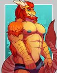  abs anthro beard big_pecs blue_nipples bulge butt claws clothed clothing dragon elbow_tufts facial_hair gold_scales grin hair horn invalid_tag knuxlight long_hair looking_at_viewer male muscular muscular_male nipples partially_clothed pecs ragoren red_hair smile solo standing stripes teeth tuft underwear undressing 