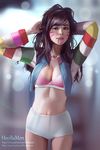  arms_up artist_name breasts brown_hair cleavage commentary cowboy_shot d.va_(overwatch) facial_mark half-closed_eyes highres hoo_bamon long_hair looking_at_viewer medium_breasts messy_hair midriff mouth_hold navel overwatch realistic solo standing tying_hair underwear watermark web_address whisker_markings 