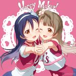  armpit_peek bangs blue_hair blush cheek-to-cheek choker commentary_request flower grey_hair hair_between_eyes hair_flower hair_ornament happy_maker! heart holding_hands interlocked_fingers long_hair looking_at_viewer love_live! love_live!_school_idol_project minami_kotori multiple_girls one_eye_closed one_side_up open_mouth smile sonoda_umi text_focus tomiwo yellow_eyes 