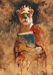  anthro book clothed clothing crown feline female lion looking_at_viewer mammal orange_eyes painting_(artwork) solo tomislav_jagnjic traditional_media_(artwork) 