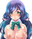  blue_hair blush bow bowtie breasts breasts_outside cleavage green_eyes hair_ornament large_breasts love_live! love_live!_school_idol_project pink_scrunchie scrunchie solo toujou_nozomi usubeni_sakurako 