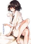  bangs bare_legs barefoot black_hair black_neckwear blue_panties blush closed_mouth collared_shirt commentary_request convenient_leg eyebrows_visible_through_hair holding holding_panties ken_(coffee_michikusa) looking_at_viewer naked_shirt necktie orange_eyes panties panties_removed pointy_ears pom_pom_(clothes) shameimaru_aya shiny shiny_hair shirt simple_background smile solo striped striped_panties touhou underwear white_background white_shirt wing_collar 