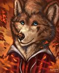  2018 anthro blue_eyes brown_fur brown_nose canine clothed clothing flashw fur headshot_portrait hoodie looking_at_viewer mammal portrait smile solo wolf 