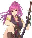  armlet boots breasts cross-laced_footwear expressionless fire_emblem fire_emblem:_seima_no_kouseki fire_emblem_heroes gloves kamu_(kamuuei) lace-up_boots large_breasts long_hair looking_at_viewer marica_(fire_emblem) pink_hair ponytail purple_eyes purple_hair sheath sheathed sidelocks simple_background solo sword weapon 