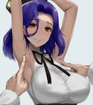  armpits arms_up breasts brown_eyes buttons fangs grey_background highres kantai_collection kusaka_souji large_breasts mechanical_halo open_mouth purple_hair remodel_(kantai_collection) short_hair simple_background smile solo_focus tatsuta_(kantai_collection) tickling 