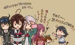  :d ahoge black_hair black_serafuku blue_skirt braid brown_background brown_hair commentary fur_trim green_jacket hair_between_eyes hair_flaps hakama hatsushimo_(kantai_collection) jacket japanese_clothes kamikaze_(kantai_collection) kantai_collection kimono long_hair long_sleeves meiji_schoolgirl_uniform multiple_girls necktie open_mouth otoufu pink_hakama pleated_skirt purple_hair red_kimono red_neckwear remodel_(kantai_collection) school_uniform serafuku shigure_(kantai_collection) shimushu_(kantai_collection) short_hair short_sleeves simple_background single_braid skirt smile trait_connection translated ushio_(kantai_collection) white_hair yellow_eyes yukikaze_(kantai_collection) 