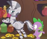  blue_eyes butt dragon duo equine featureless_crotch friendship_is_magic green_eyes looking_back mammal my_little_pony porygon2z purple_skin ring seductive smile spike_(mlp) stripes zebra zecora_(mlp) 