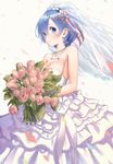  absurdres bangs bare_shoulders blue_eyes blue_hair blush bouquet breasts bridal_veil cleavage dress eyebrows_visible_through_hair flower hair_ornament hair_ribbon highres holding jewelry medium_breasts necklace page_number petals re:zero_kara_hajimeru_isekai_seikatsu rem_(re:zero) ribbon scan simple_background solo strapless strapless_dress veil wedding_dress white_dress x_hair_ornament yasuyuki 